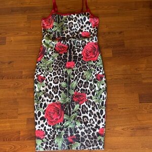 Red Rose Print Leopard Bodycon Dress